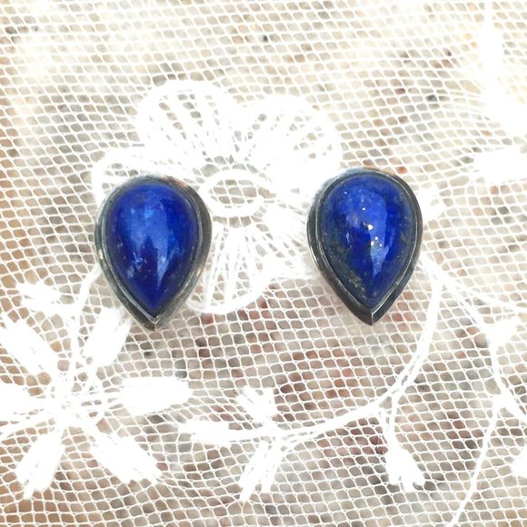 Genuine Lapis Lazuli .925 Stud Earrings Teardrop Pear-Shaped Sterling Silver - Picture 1 of 16